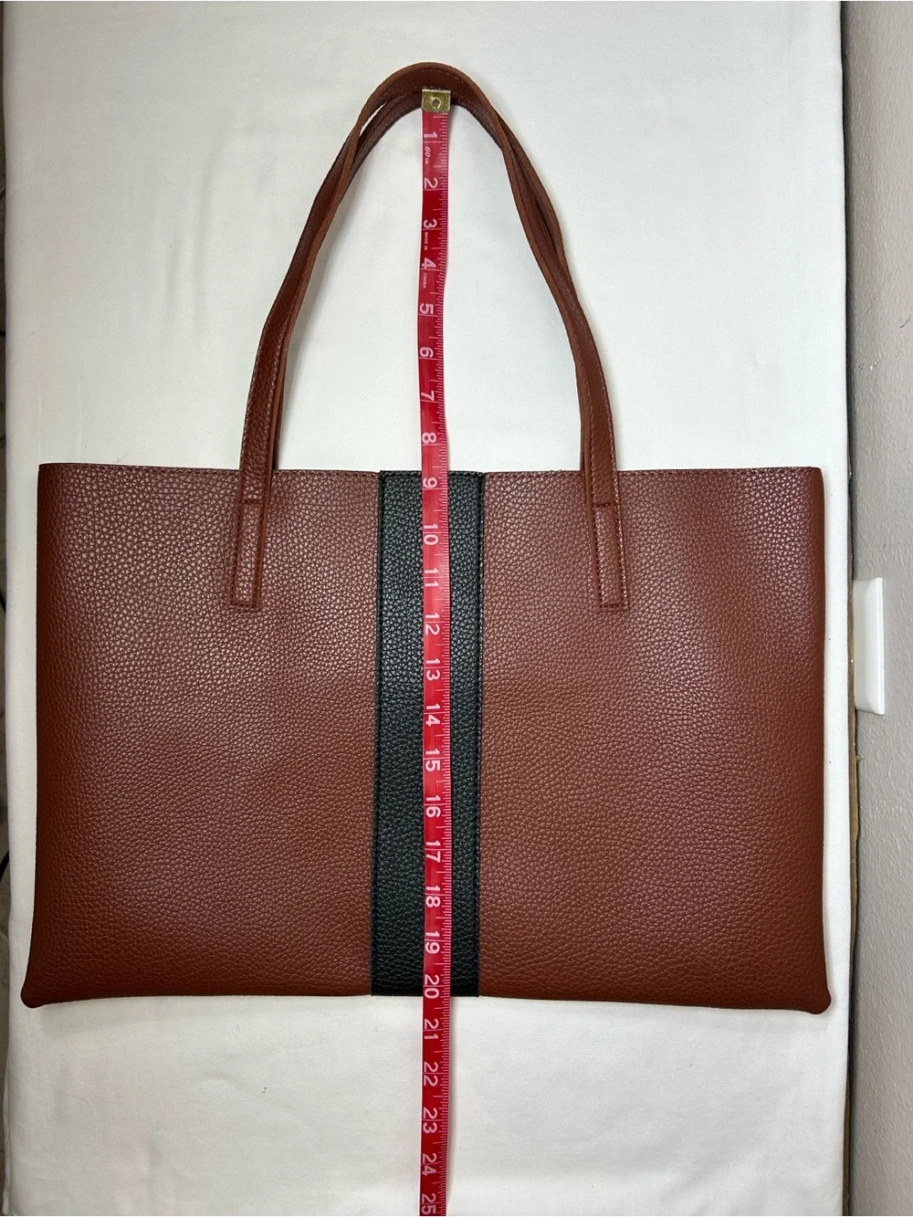 Vince Camuto Faux Pebble‎ leather Brown Black Laptop Tote Bag Minimalist Work